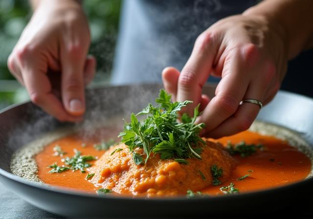 Chef che prepara un piatto storico usando erbe antiche