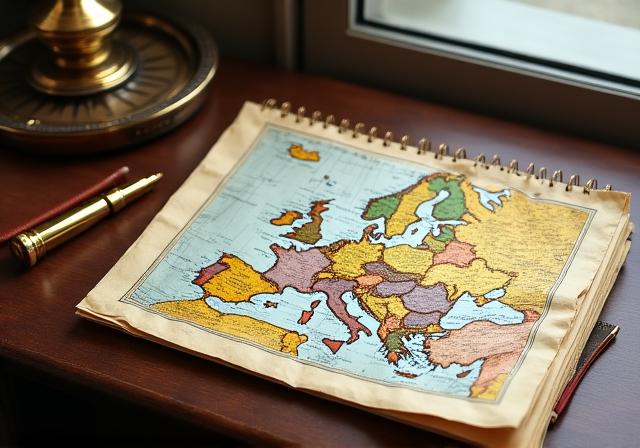 Mappa antica con bussola e taccuino di viaggio in un ambiente di lusso