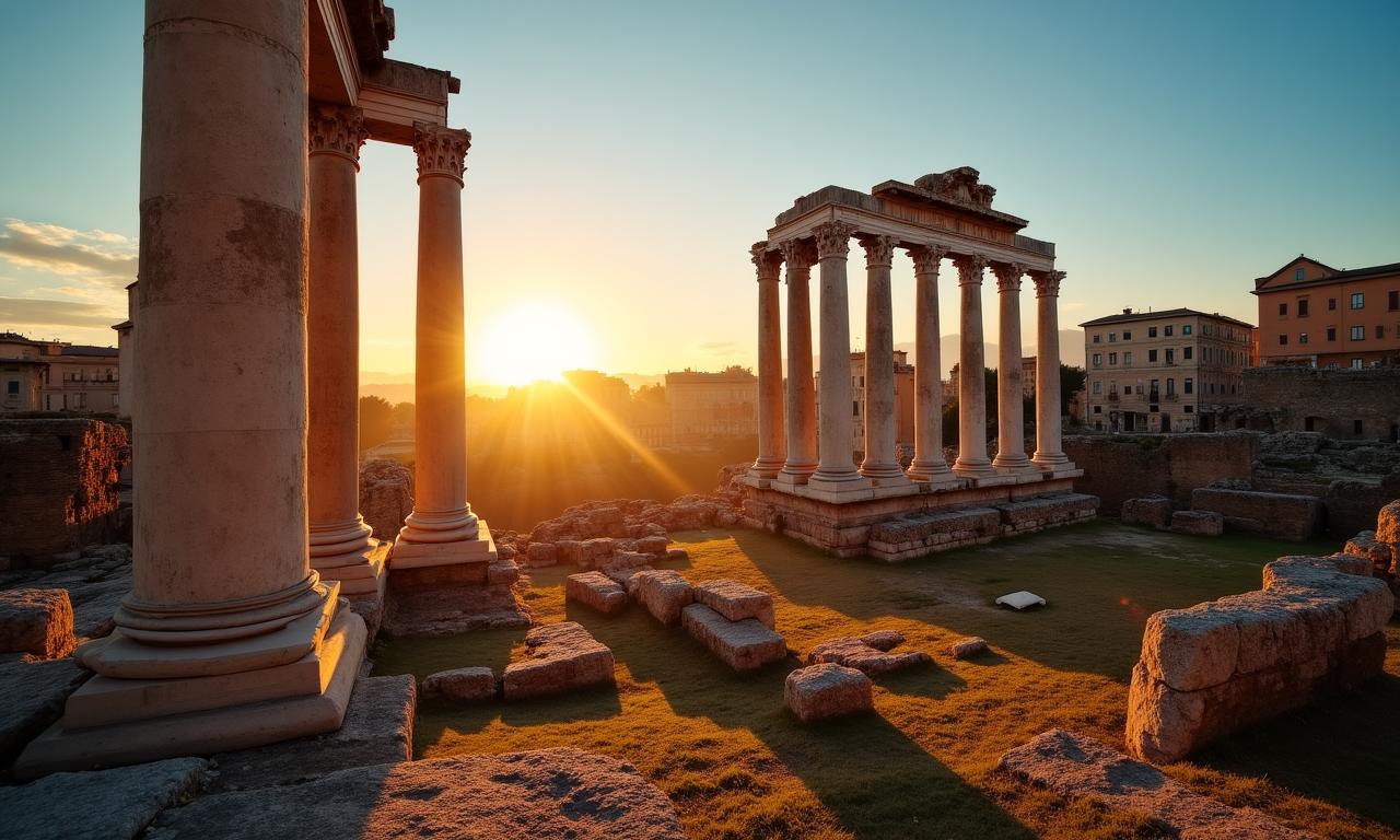 Veduta di un antico foro romano al tramonto